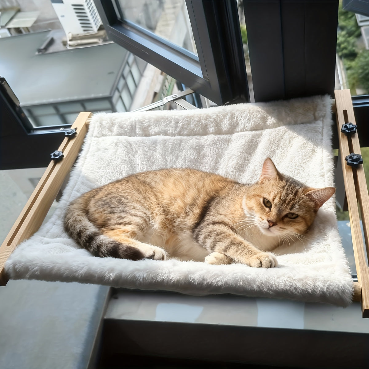 Cat Window Lounger with Adjustable Wooden Frame and Paw Pattern, Hanging Hammock Bed for Compatible Windowsills, Bedsides and Cabinets