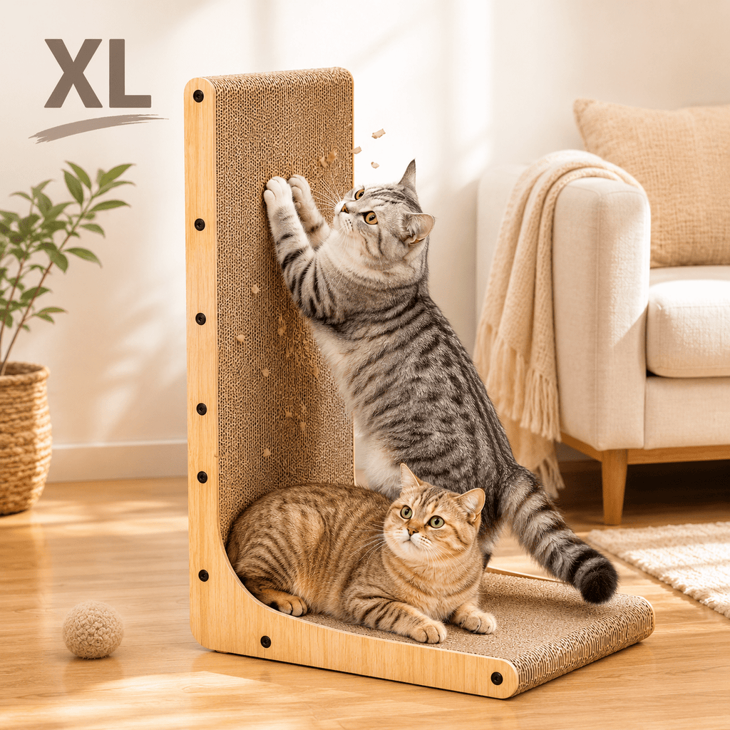 Wood Frame Cardboard Cat Scratcher, XL 24.8 Inch L-Shaped Vertical and Floor Scratching Board with Replaceable Pads and Jingle Toy Ball