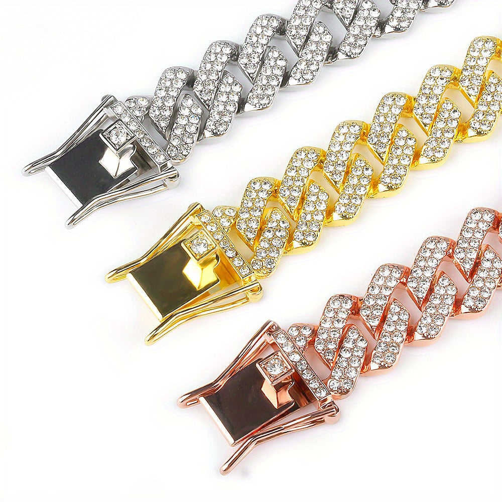 Rhinestone Dog Cuban Link Collar, 14mm Wide Decorative Pet Chain Necklace in Gold, Silver or Rose Gold Color for Photos, Parties and Gifts