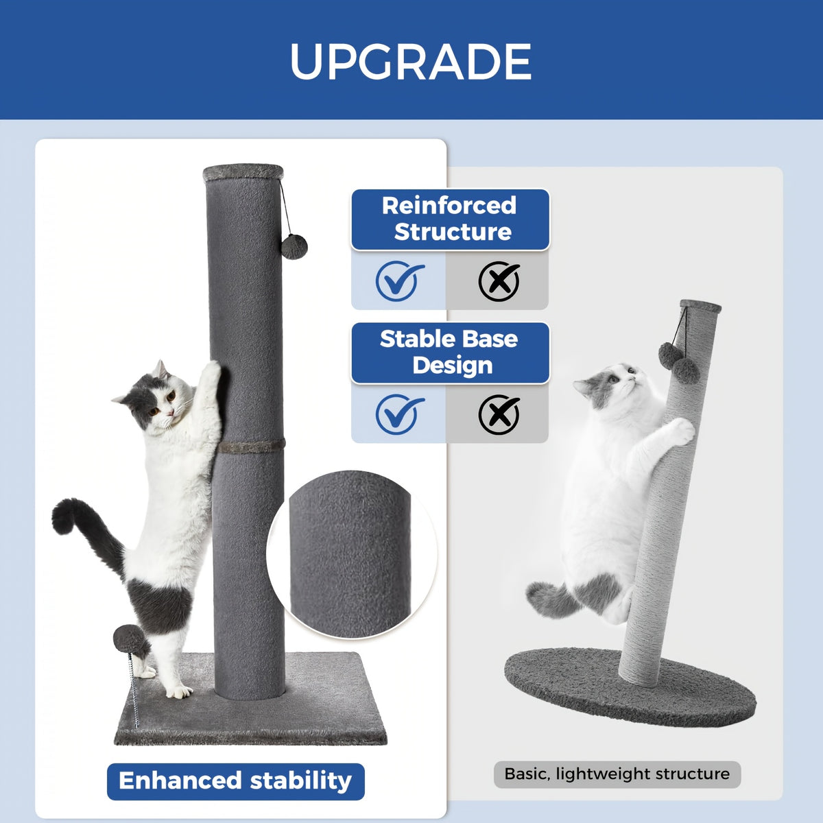 Thick Cat Scratching Post for Large Cats, 41.73-Inch Tall Hardwood Scratcher with 5.7-Inch Column, Heavy Base and Replaceable Toy Balls, Gray