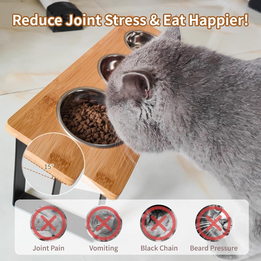 Cat Feeding Station with 3 Stainless Steel Bowls, 15° Tilted Elevated Wooden Rack for Indoor Cat Food and Water, Easy-Clean Dining Set