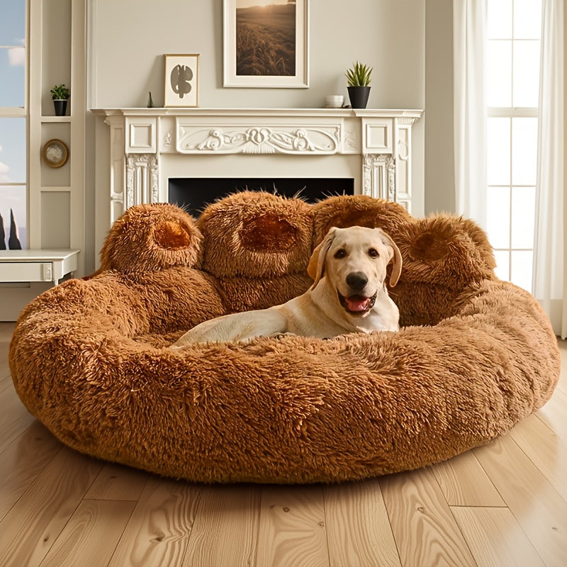 Dog Bed with Bear Paw Bolsters, Thick Plush Cat Sleeping Cushion with Non-Slip Bottom, Pink Grey or Coffee in 60cm, 70cm and 100cm Sizes