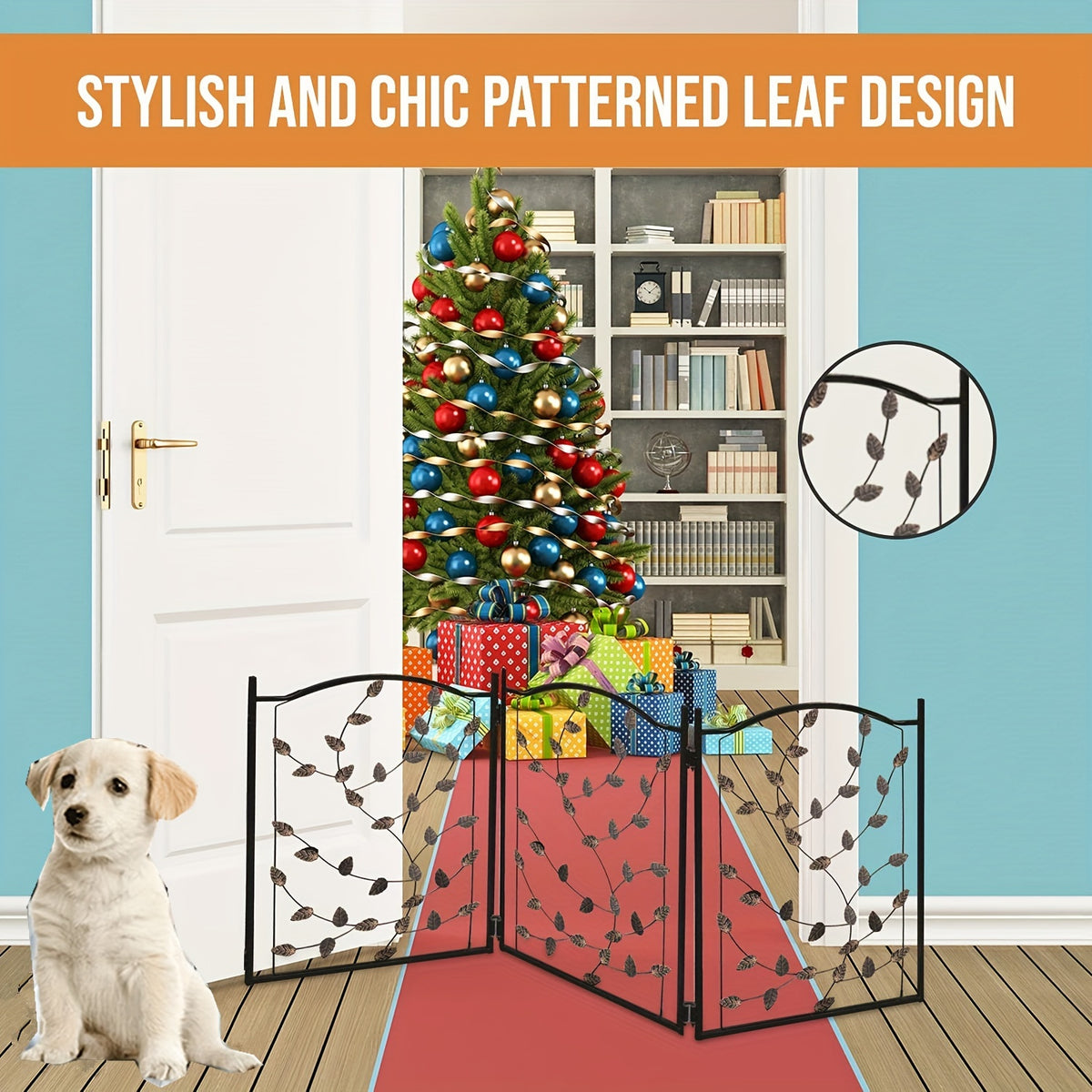 Freestanding Metal Dog Gate, 52 x 24 Inch Foldable 3-Panel Pet Barrier with Decorative Leaf Design for Indoor Doorways and Hallways