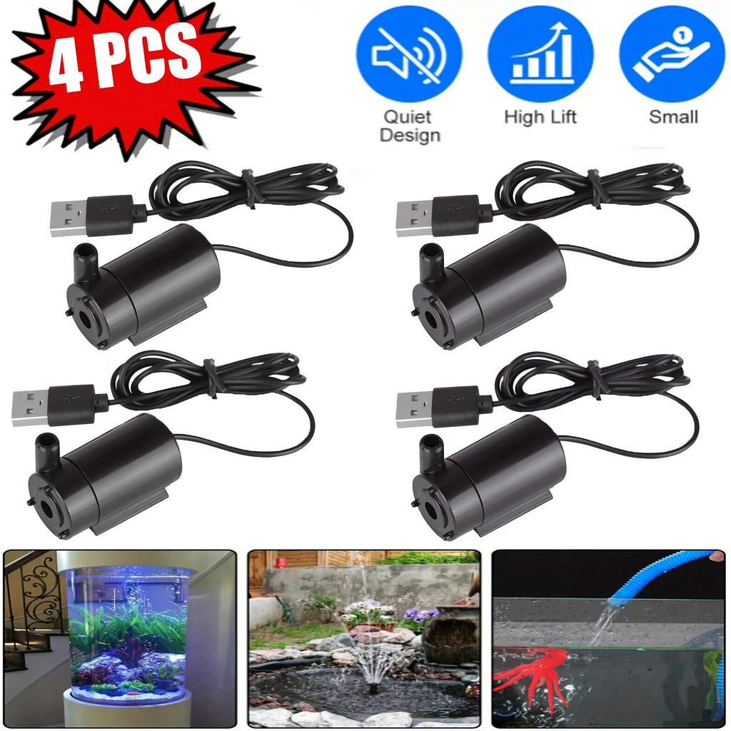 Mini Submersible Water Pump 4 Pack, 5V USB Powered Black Pumps with 35.43-Inch Cables for Small Fish Tanks, Garden Fountains and Water Circulation