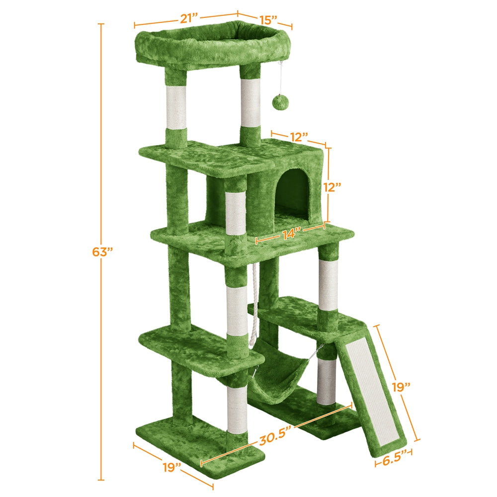 Cat Tree 63 Inch in Green, Multi-Level Indoor Cat Tower with Plush Condos, Hammock, Elevated Perches and Sisal Scratching Posts