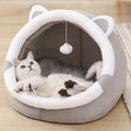 Hooded Cat Cave Bed with Hanging Pom-Pom Toy, Gray Cat-Ear Indoor Sleeping House in Medium Size for Kittens and Cats to Curl Up and Rest
