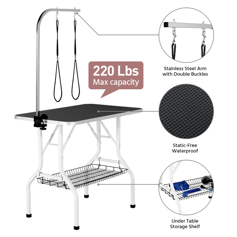 Foldable Dog Grooming Table with Mesh Tool Shelf, Detachable Height Adjustable Arm and Antiskid Surface for Small to Medium Dogs