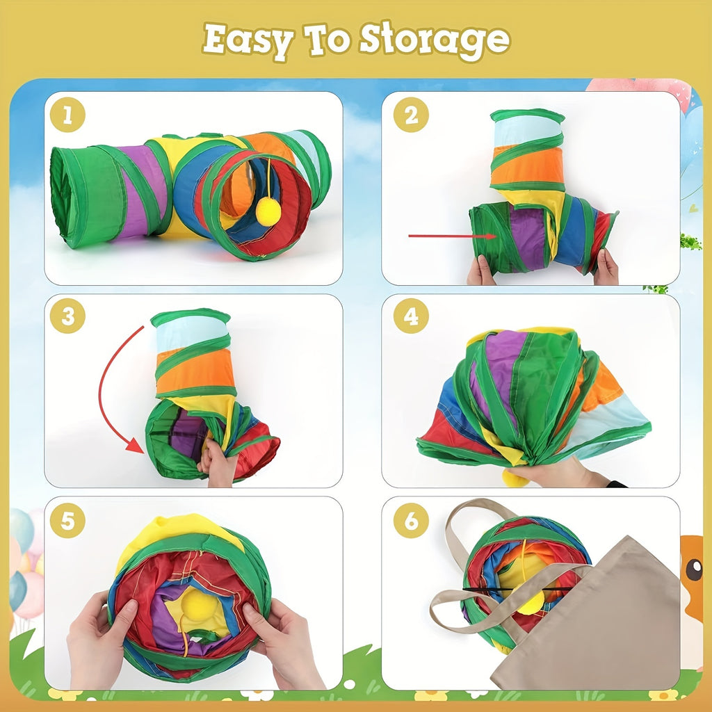 Guinea Pig Tunnel with Hanging Ball, 3-Way Collapsible Rainbow Small Pet Play Tube with Peek Hole for Hamsters, Gerbils and Supervised Indoor Exploration