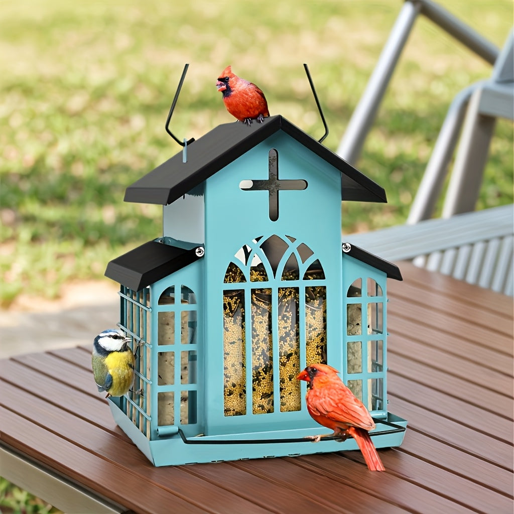Vintage Metal Bird Feeder for Outside, Triple Mesh Seed Feeding Areas with Hanging Chains and Decorative Window Cut-Outs for Backyard Birdwatching