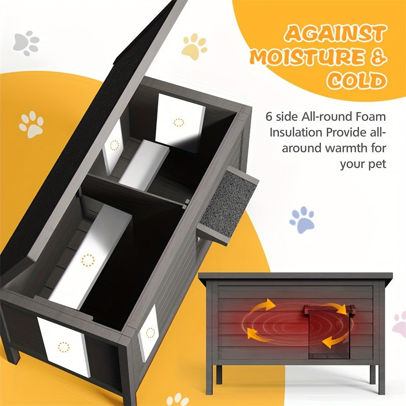 Wooden Outdoor Cat House with Six-Side Foam Insulation, Raised Floor and Feeding Station, 34.4 x 21.7 x 27.2 Inch Feral Cat Shelter in Grey or Coffee