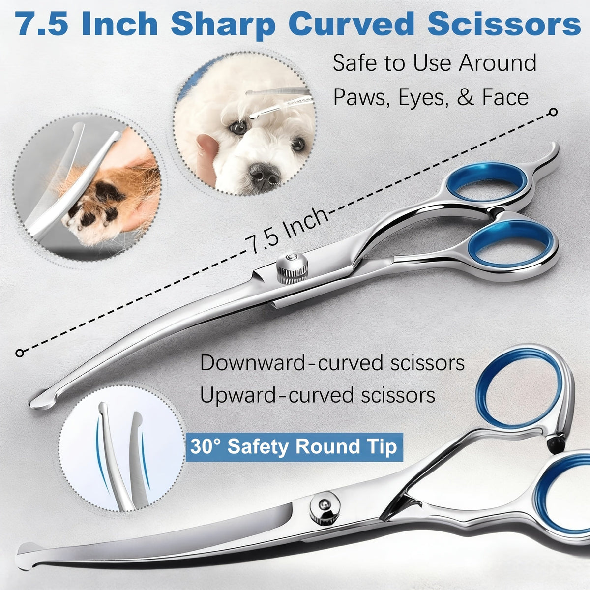 Rounded Tip Dog Grooming Scissors Kit, 7-Piece Stainless Steel Set with Straight, Thinning and Two Curved Shears, Comb, Cleaning Cloth and Storage Bag