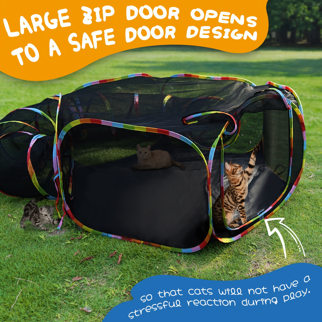 Outdoor Cat Enclosure with Play Tunnel, Portable Mesh Catio Tent with Rainbow Trim for Indoor Cats and Supervised Backyard Exploration