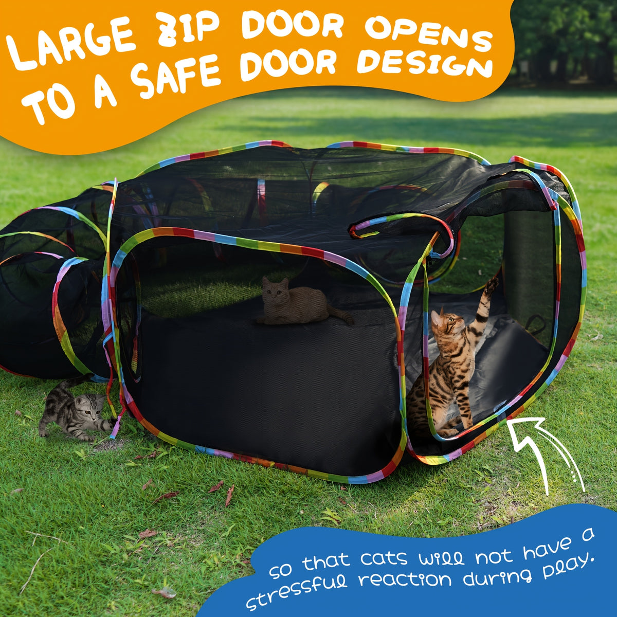 Outdoor Cat Enclosure with Play Tunnel, Portable Mesh Catio Tent with Rainbow Trim for Indoor Cats and Supervised Backyard Exploration
