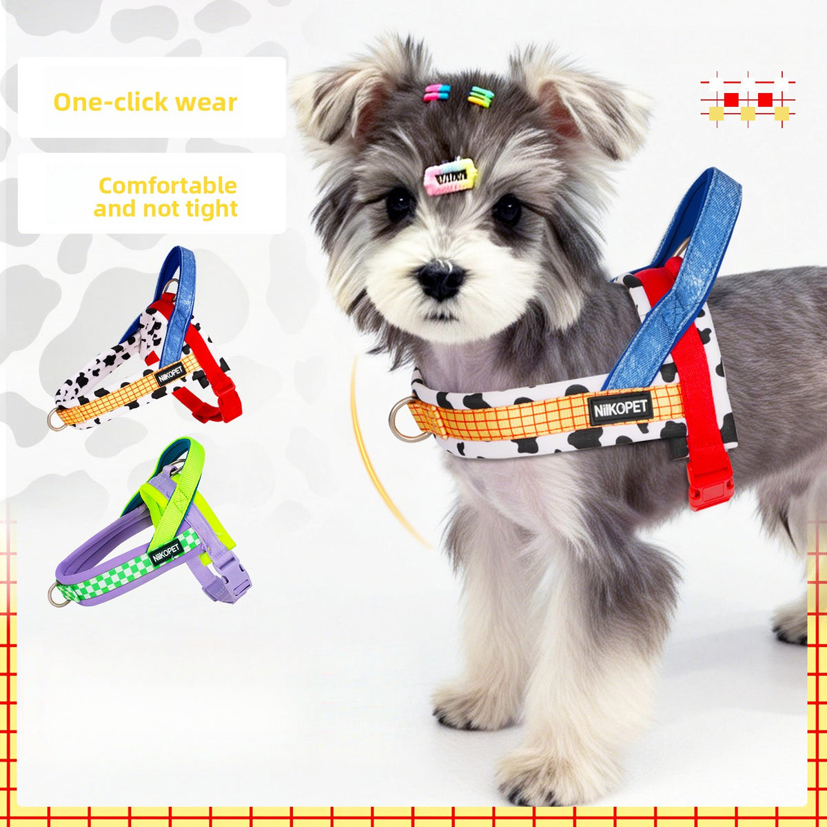 Saddle Style Dog Harness Vest for Small and Medium Dogs, Heart Detail Walking Harness in Green Purple or Red Yellow, XS to L Options