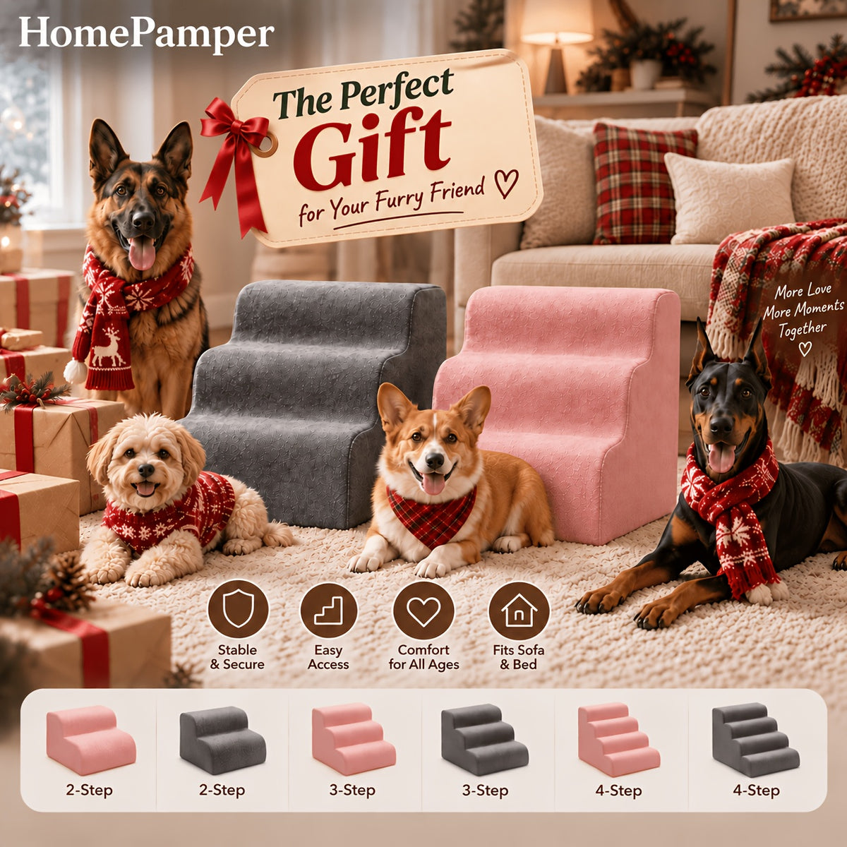 Dog Stairs for Bed with Dutch Velvet, Non-Slip Pet Steps for Small and Senior Dogs, 2/3/4-Step Options for Sofa and Couch, Gray or Pink