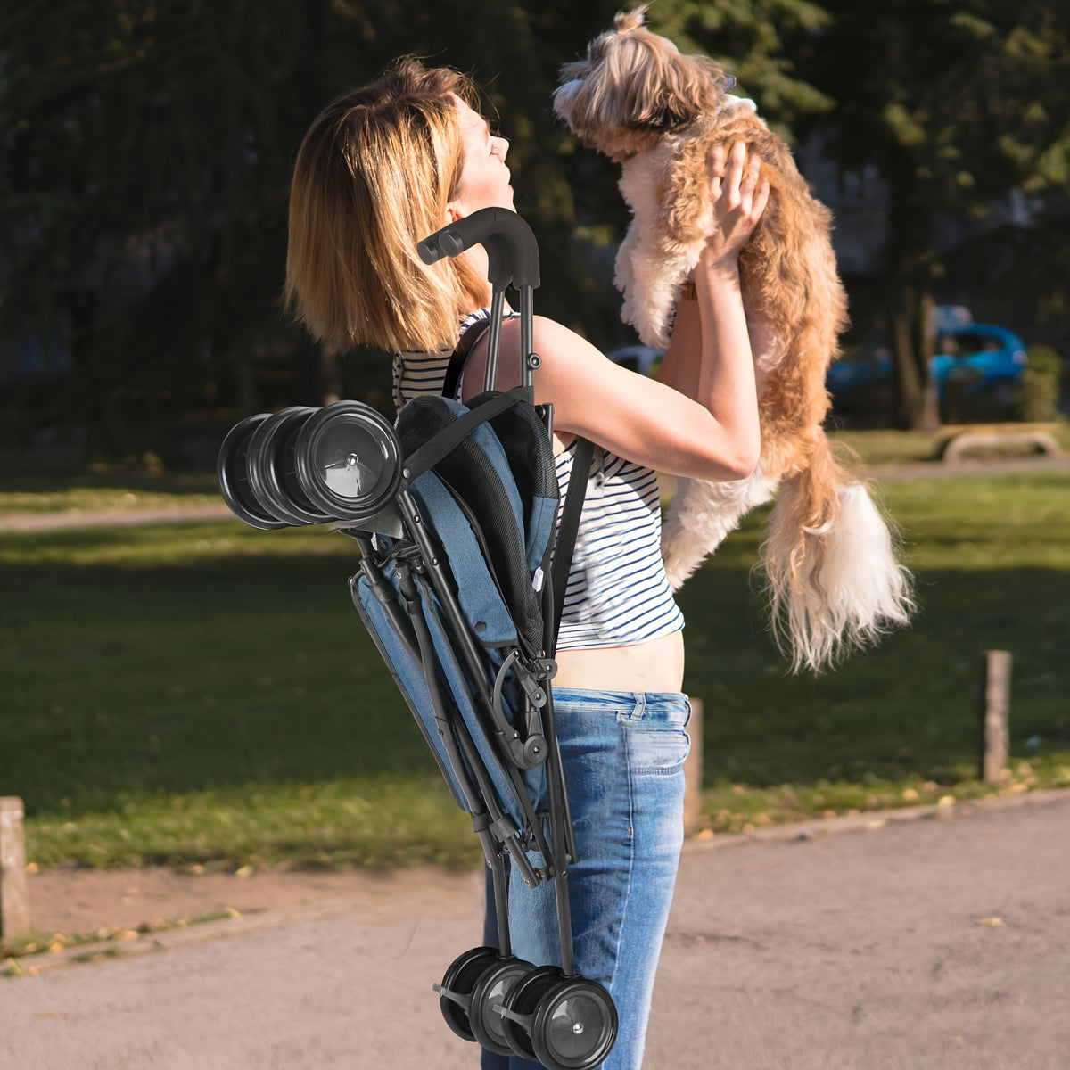 Lightweight Cat Stroller 8.95 lb with One-Touch Fold, Breathable Mesh, Adjustable Shoulder Strap and Safety Leash for Small Pet Travel and Daily Walks