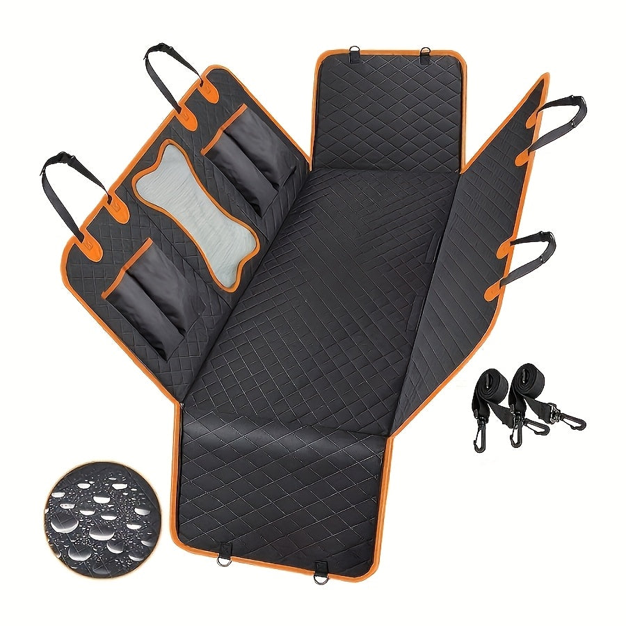 Dog Back Seat Hammock with Side Flaps, Non-Slip Car Seat Cover in Black with Orange Trim for Pet Travel, Fur and Mud Protection