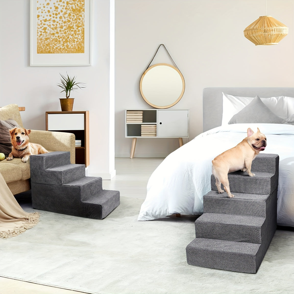 High Bed Dog Stairs for Small Dogs and Cats, Gray Non-Slip Indoor Pet Steps in 4 or 5-Step Styles for Bedside Furniture Access