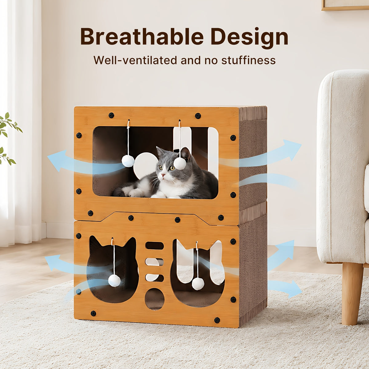 Cardboard Cat House with Scratching Board and Pompom Toy, Indoor Cat Hideout Bed for Scratching and Resting, Single or Double Layer Options