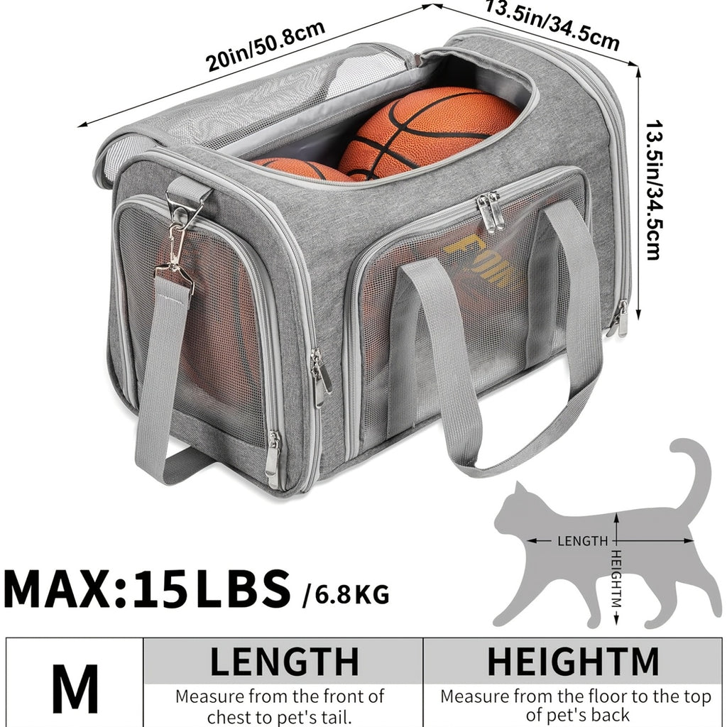 Large Foldable Cat Carrier for Cats and Puppies up to 25 lbs, Soft-Sided Pet Travel Cage in Grey or Black for Vet Visits and Everyday Trips