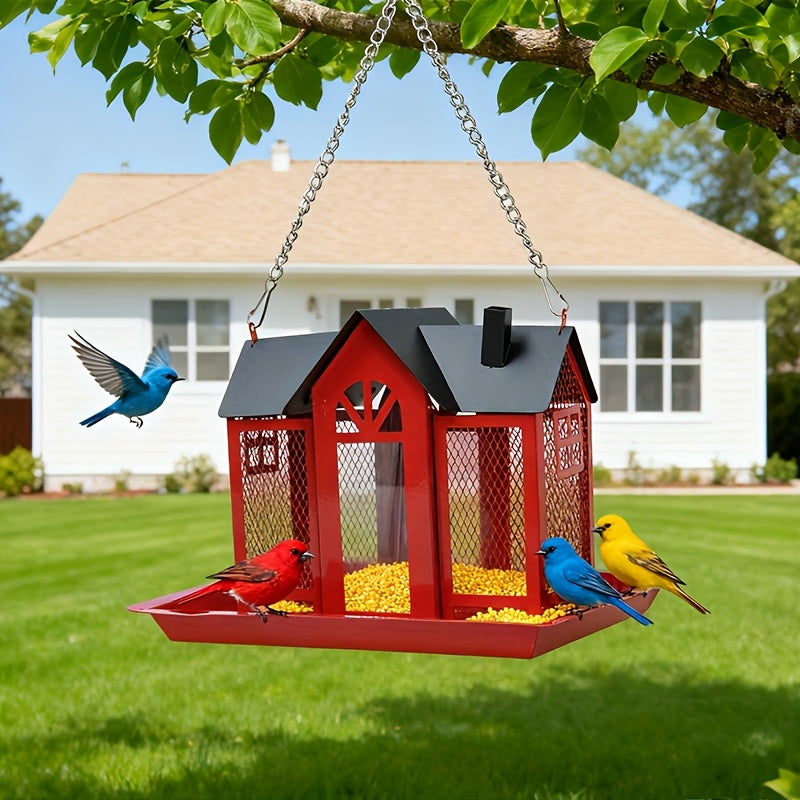 Metal Mesh Wild Bird Feeder with Triple Feeding Areas, Large Capacity Backyard Feeding Station with Black Roof and White or Red Wall Options