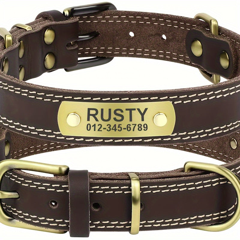 Personalized Dog Collar with Engraved Nameplate, Coffee Brown Synthetic Leather Adjustable Buckle Collar in S, M and L for Everyday Pet Identification