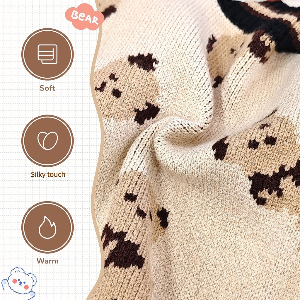 Bear Print Dog Cardigan Sweater with Button Closure, Beige Knit Pet Outfit with Contrast Ribbed Trim and Short Sleeves in M, L and XL Sizes