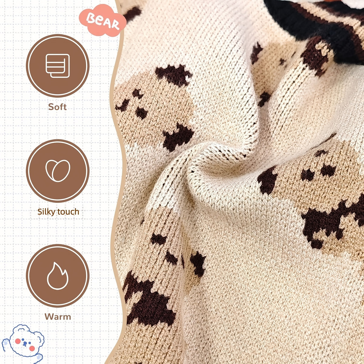 Bear Print Dog Cardigan Sweater with Button Closure, Beige Knit Pet Outfit with Contrast Ribbed Trim and Short Sleeves in M, L and XL Sizes