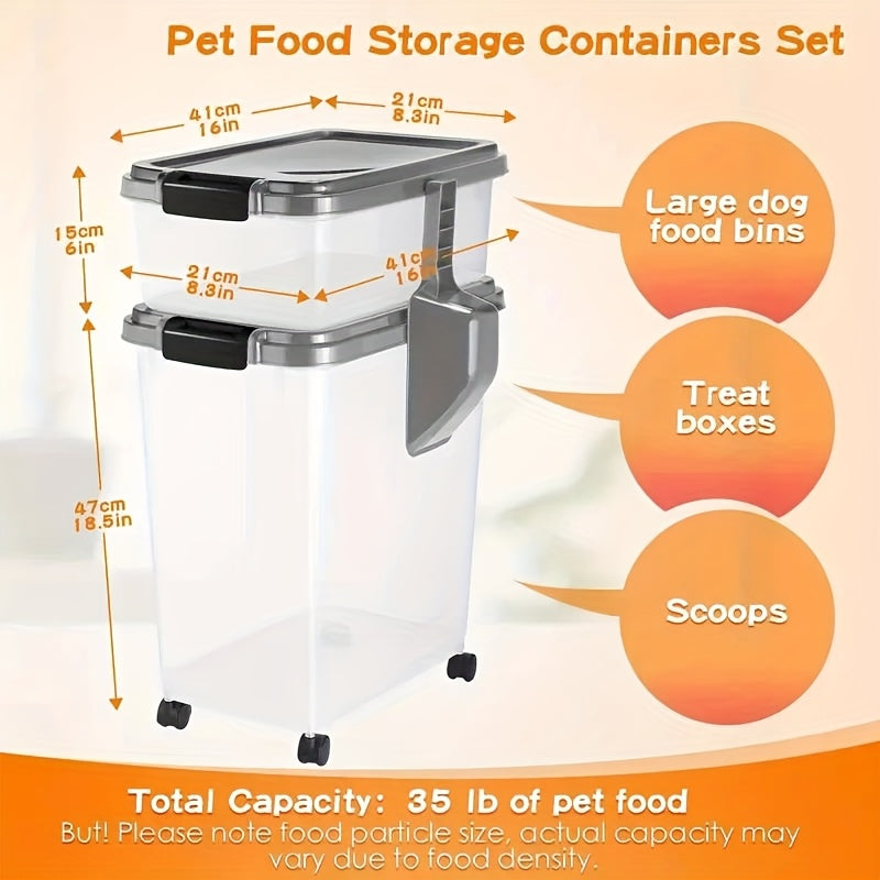 Rolling Pet Food Storage Containers with Locking Lids, Stackable Airtight Dog and Cat Dry Food Bins with Scoop, Gray/Clear Pantry Organizer