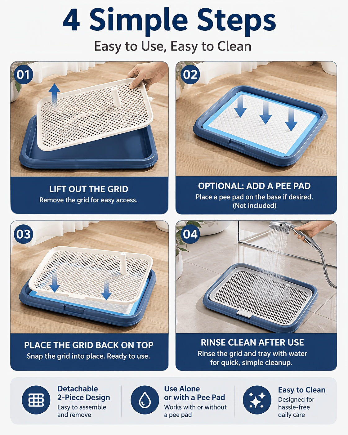 Dog Pee Pad Holder with Removable Grate, Leak-Proof Washable Puppy Potty Training Tray for Indoor Apartment Toilet Routines