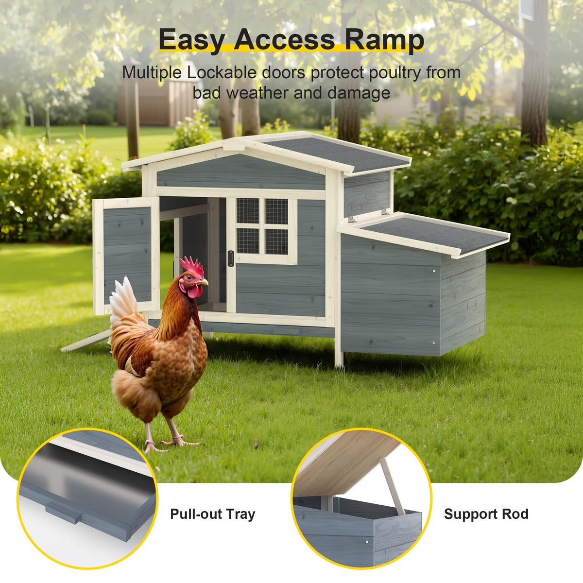 Chicken Coop Outdoor Wooden Hen House with Nesting Box, Ramp, Removable Tray and Lockable Doors, Elevated Fir Wood Poultry Hutch with Sloped Asphalt Roof, 42 x 25 x 28 Inches