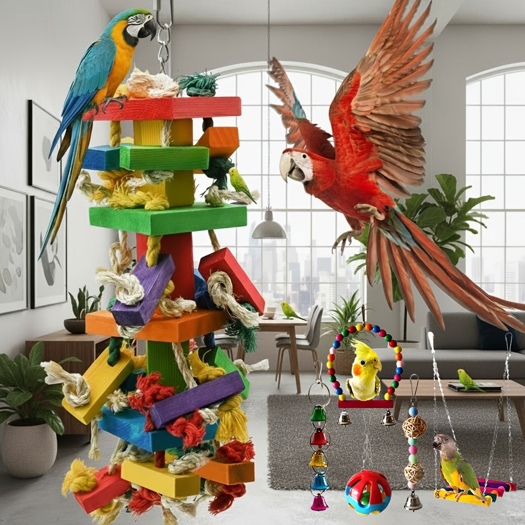 Wooden Bird Chew Toys with Colorful Blocks, Hanging Parrot Cage Enrichment in Six Styles for Supervised Chewing and Everyday Play