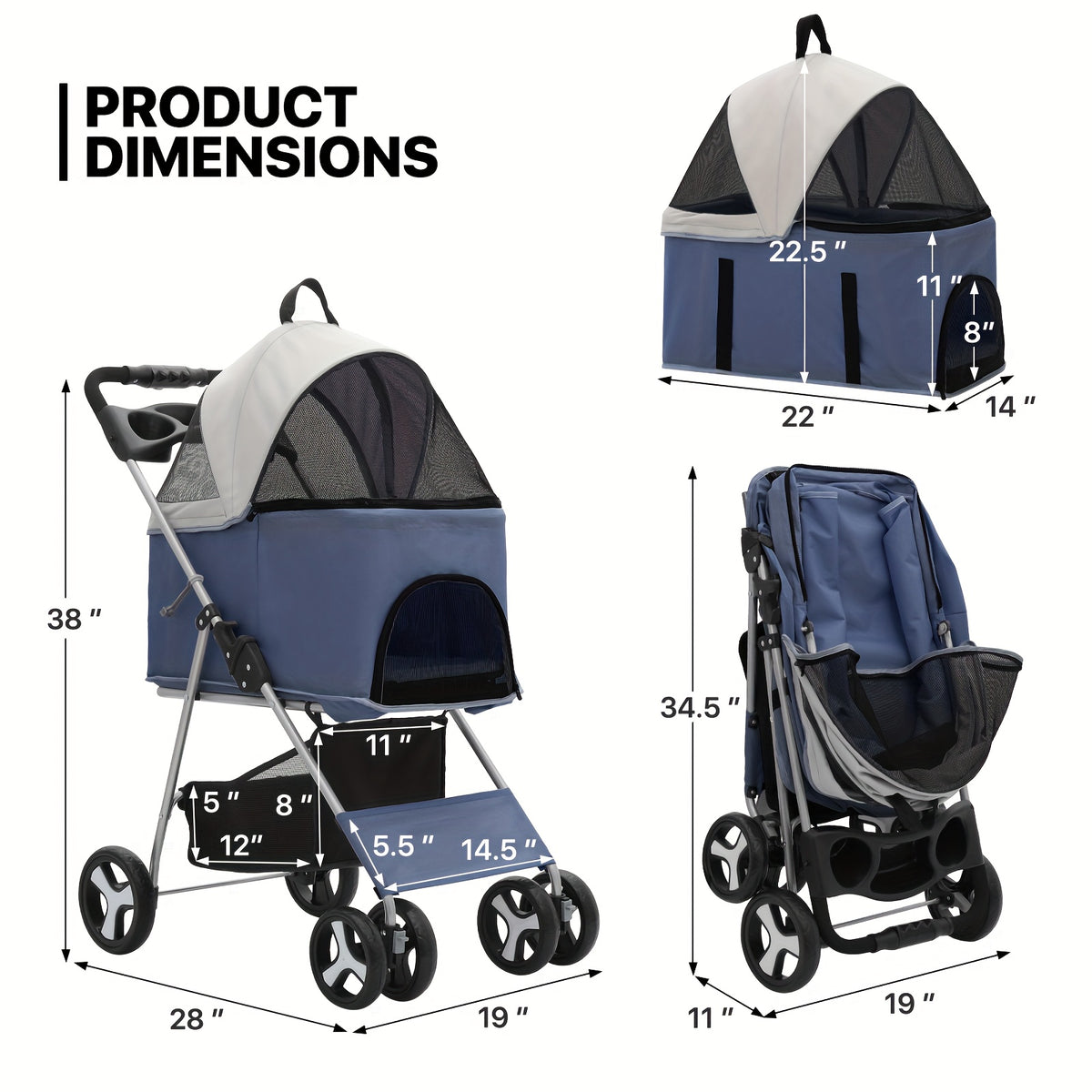 Dog Stroller for Pets up to 33 lbs, 3-in-1 Foldable Pushchair with Detachable Carrier, Car Seat Mode, Push-Button Entry and Mesh Canopy
