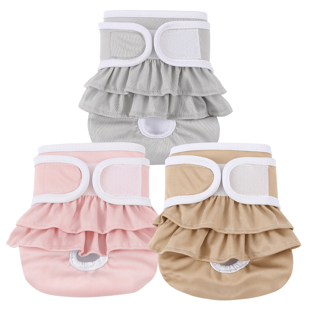 Reusable Female Dog Diapers, 3-Pack Washable Absorbent Heat Cycle Panties in Champagne or Colorful Leopard for X-Small to Large Dogs
