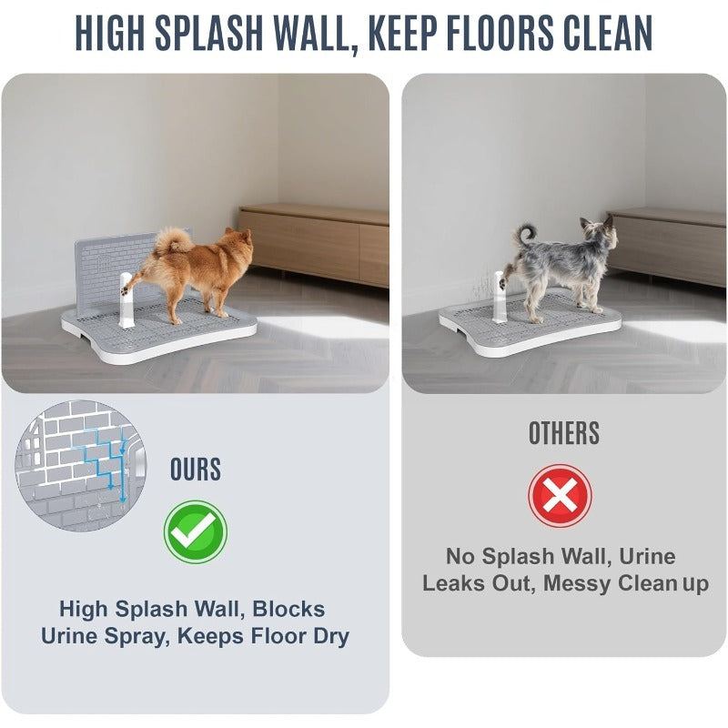 Dog Potty with Central Post, 20.1 x 15.4 Inch Indoor Puppy Training Tray with Removable Splash Wall, Mesh Surface and Non-Slip Feet