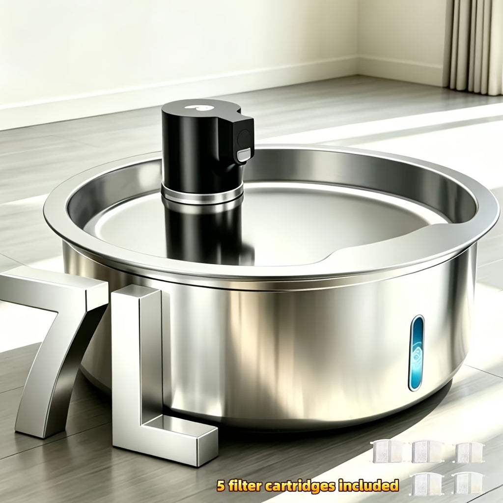 Pet Water Fountain 1.85 Gallon with Filter Bundles, Stainless Steel USB Powered Drinking Dispenser for Cats and Dogs, 5, 8 or 15 Cartridges