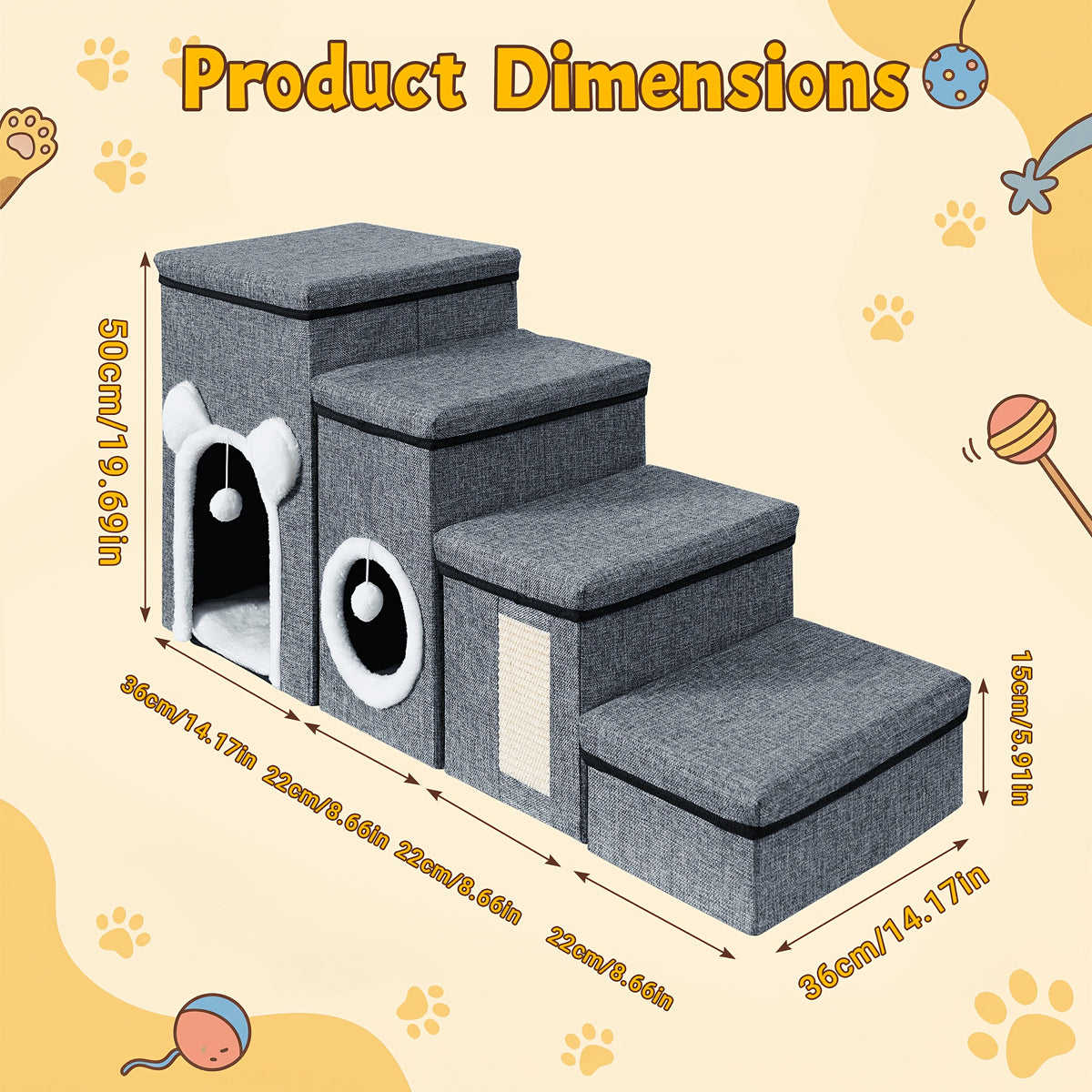 Pet Stairs with Storage for Bed and Sofa, Soft Cushioned Non-Slip Dog and Cat Steps in 2, 3 or 4 Tiers with Side Pocket or Grab Bar Style Options