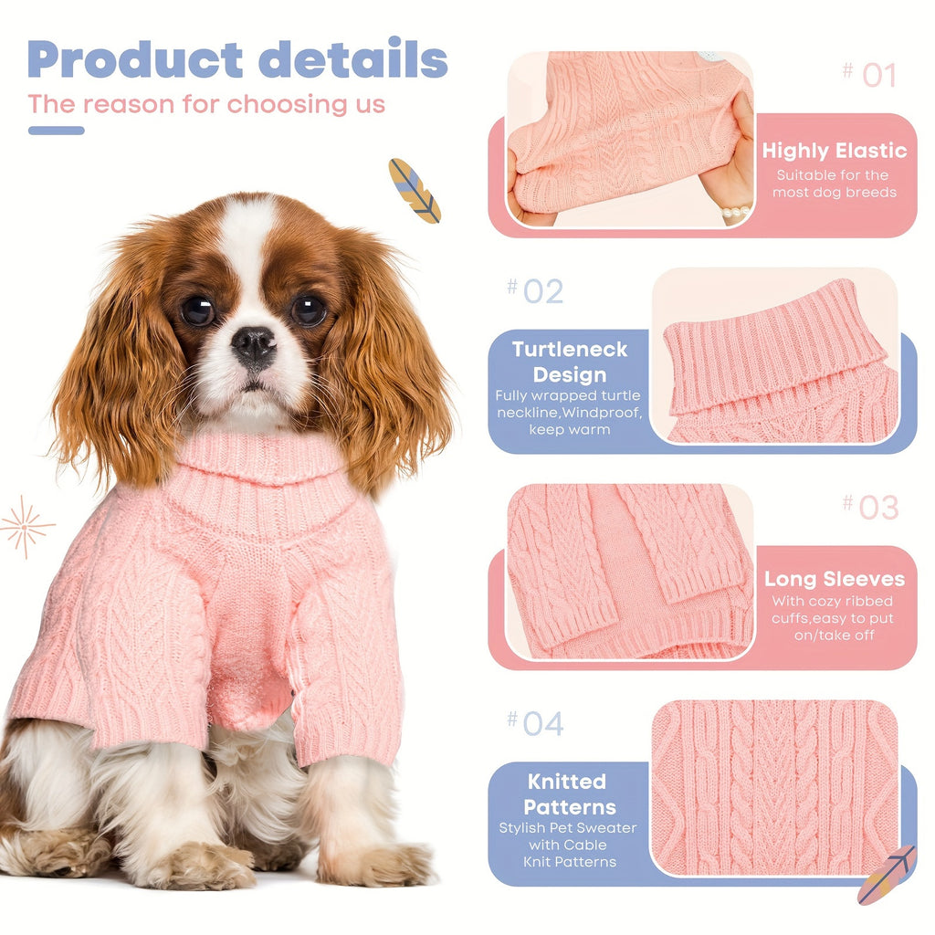 Cable Knit Dog Sweater with Turtleneck and Long Sleeves, Soft Warm Pullover for Small to Medium Dogs, Five Colors and XS-XL Sizes