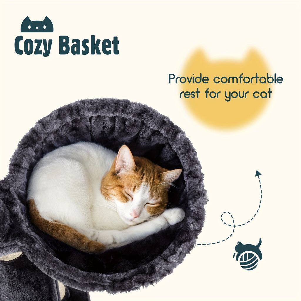 65 Inch Cat Tree Tower for Indoor Cats, Multi-Level Plush Cat Condo with Basket Beds, Hammock, Sisal Scratching Posts and Wide Base, Six Color Options