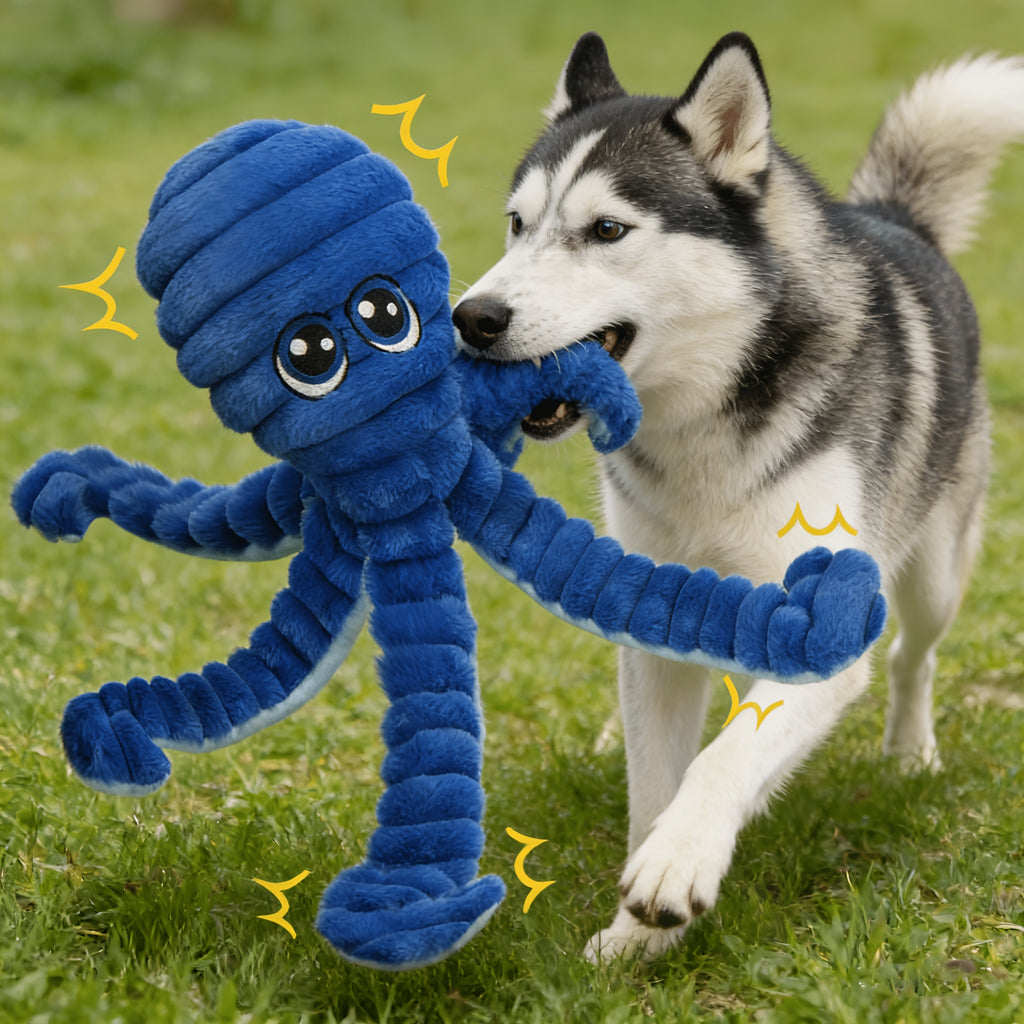 Blue Octopus Dog Toy with Squeaker and Crinkle Sounds, Plush Interactive Tug Toy for Larger Dogs, Supervised Gentle Chewing and Indoor Play