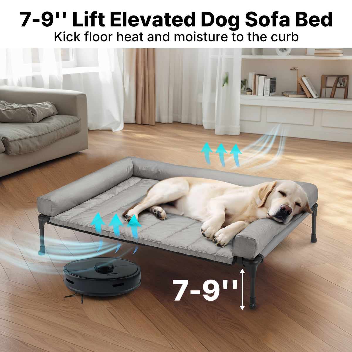 Elevated Dog Bed with Removable Pillow-Top Mat, Three-Sided Bolster Pet Cot with Breathable Teslin Mesh, Steel Frame and Non-Slip Feet in Four Sizes