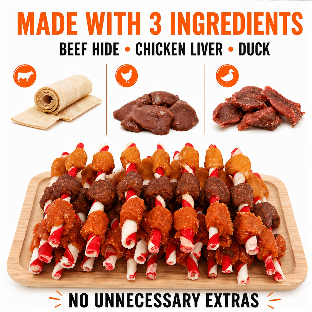 Kabob Dog Chew Treats with Chicken Liver and Duck, Skewer-Style Dog Snacks in 100g or 150g Packs for Supervised Chewing and Everyday Rewards