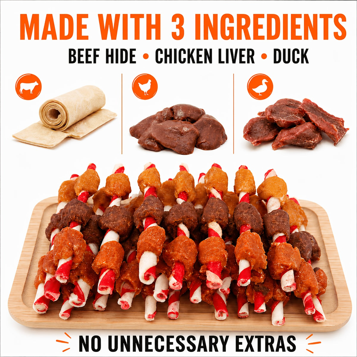 Kabob Dog Chew Treats with Chicken Liver and Duck, Skewer-Style Dog Snacks in 100g or 150g Packs for Supervised Chewing and Everyday Rewards
