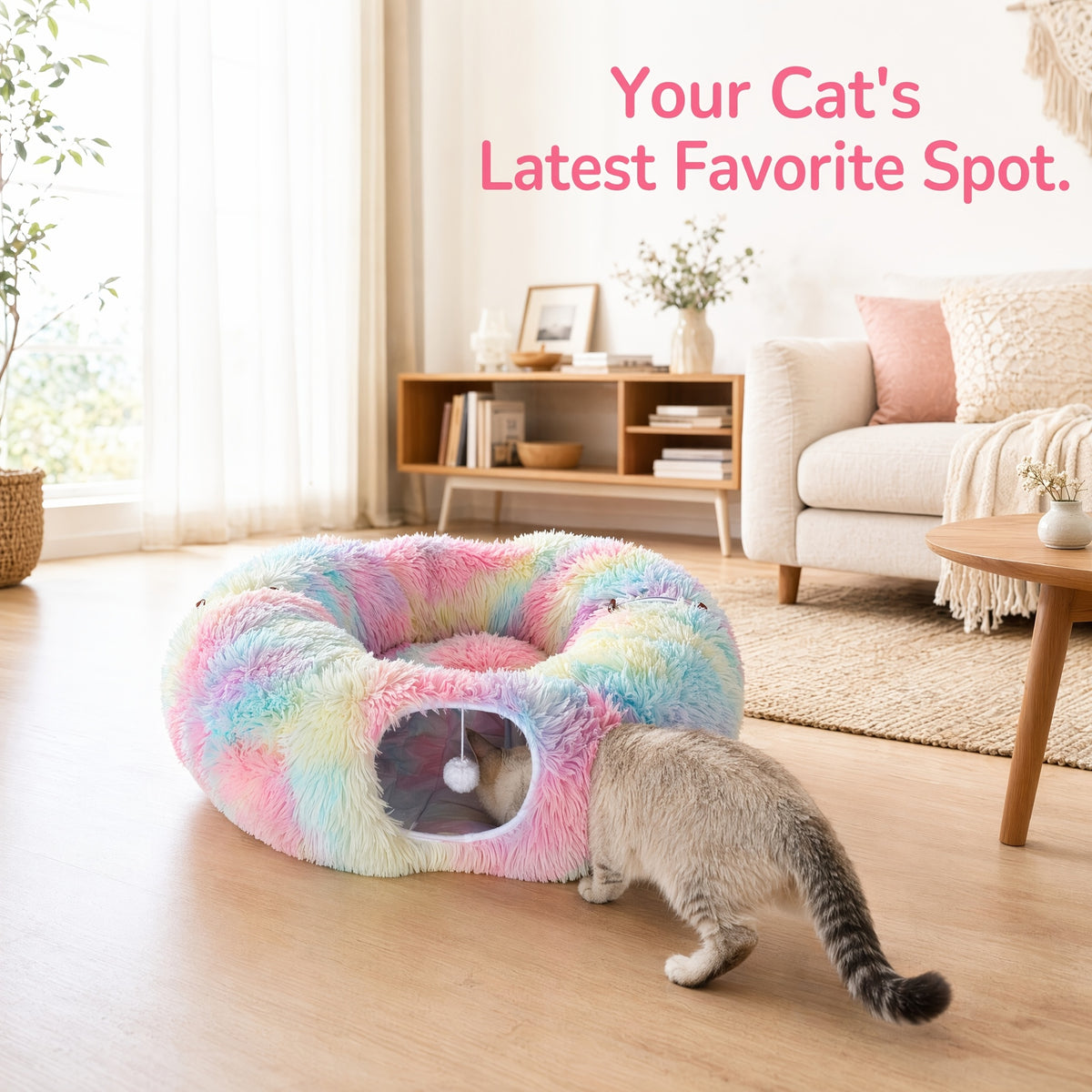 Plush Cat Tunnel Bed for Indoor Cats, 2-in-1 Foldable Donut Hideaway with Removable Washable Mat and Hanging Toy Ball, Four Color Options