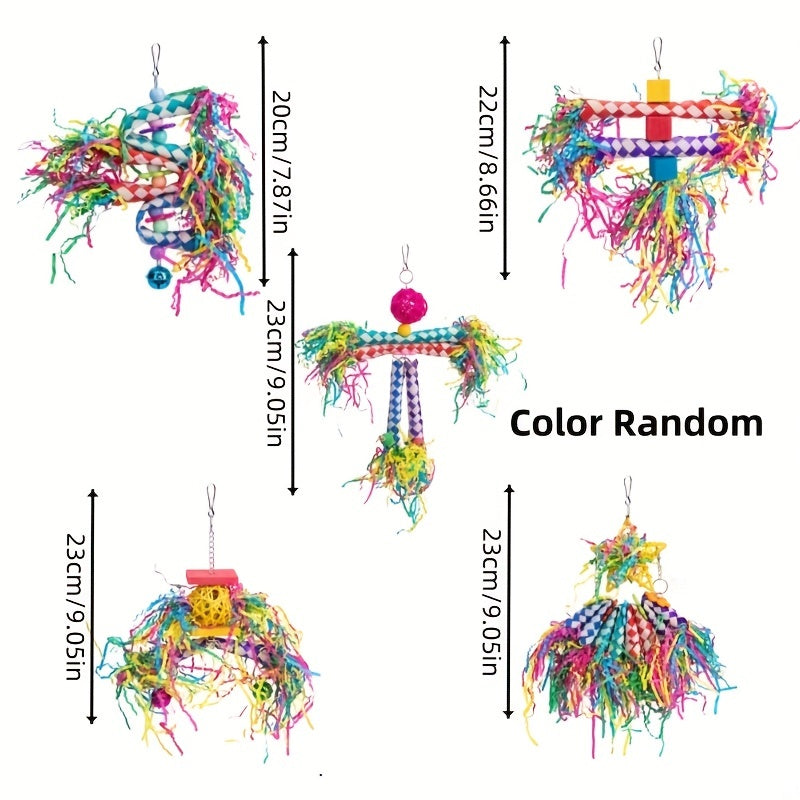 Bird Shredding Toys 5-Piece Set with Woven Tubes and Colorful Crinkle Strips, Hanging Parrot Cage Chew Activities for Supervised Enrichment