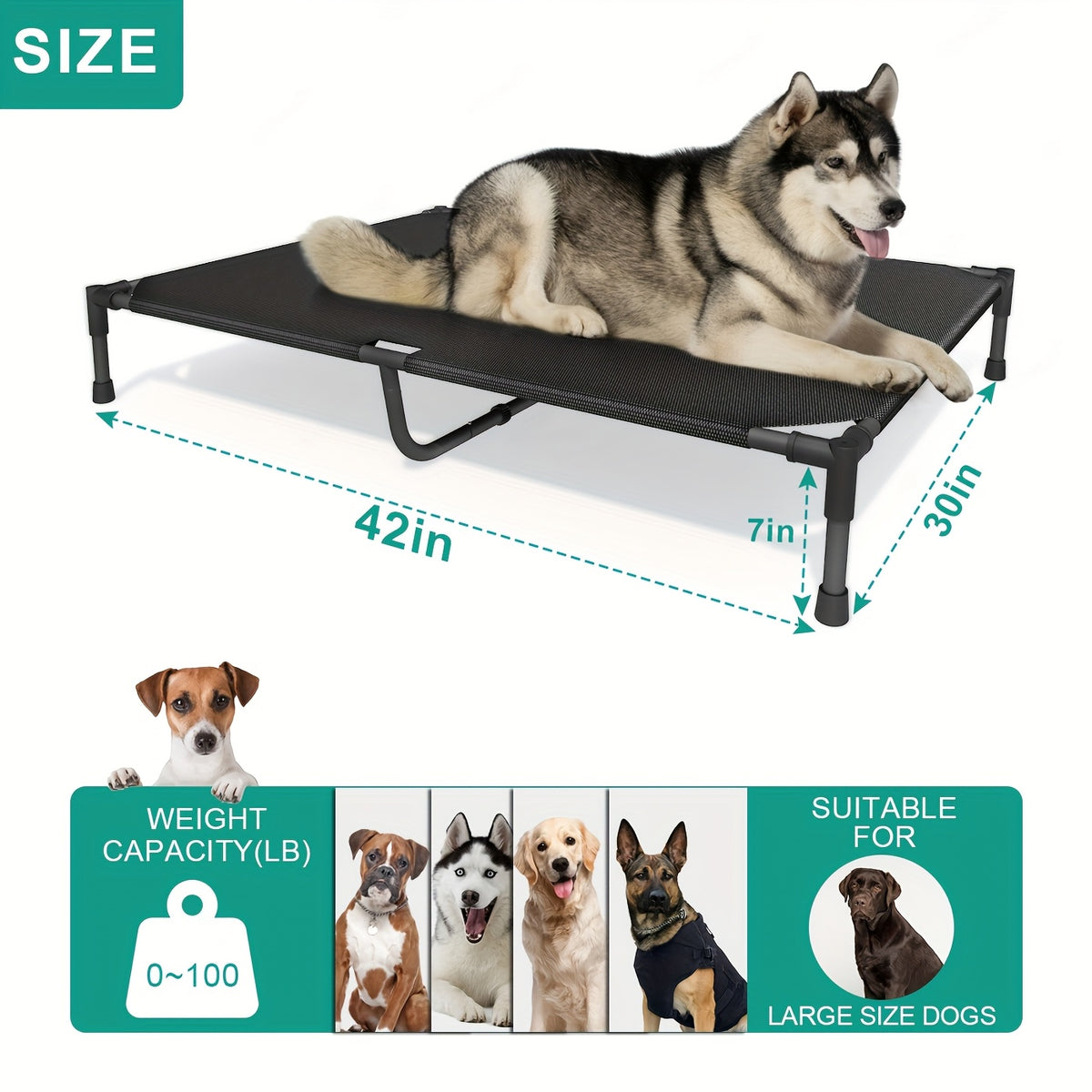 Elevated Dog Bed for Large Dogs, Cooling Outdoor Dog Cot with Breathable Mesh, Tool-Free Assembly Washable Raised Pet Bed with Anti-Slip Feet for Indoor and Outdoor Use, Portable Camping Cot for Summer