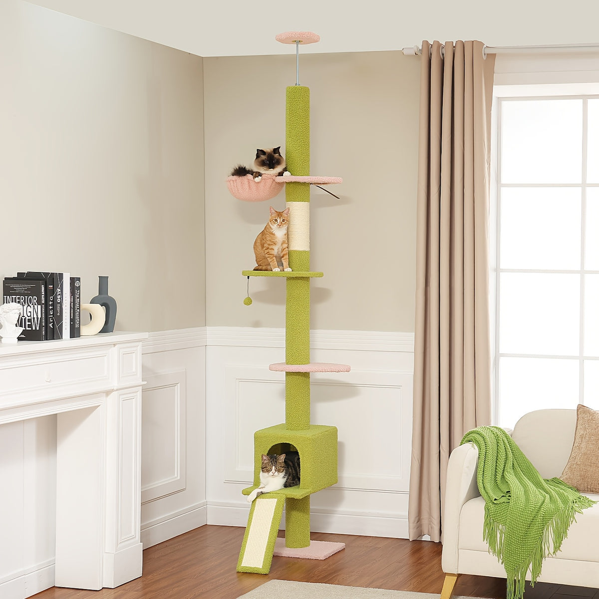 5-Tier Floor to Ceiling Cat Tree, 83–108 Inch Adjustable Indoor Cat Tower with Condo, Hammock, Scratching Post and Ladder in Seven Color Options