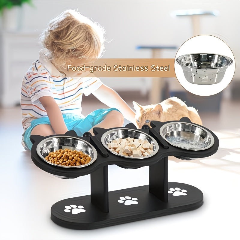 Adjustable Cat Bowl Stand with 3 Stainless Steel Bowls, 15 Degree Tilted Black Elevated Feeding Station with Cat-Ear Holders for Food and Water