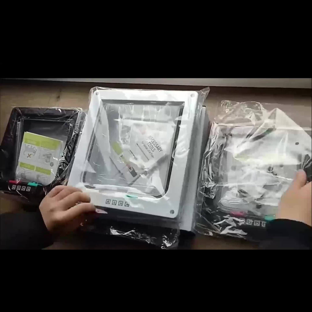 Cat Door with 4-Way Lock, Weatherproof Pet Flap for Cats and Dogs with Bonus Rainbow Ball Toy, M L XL Sizes in White, Black or Coffee