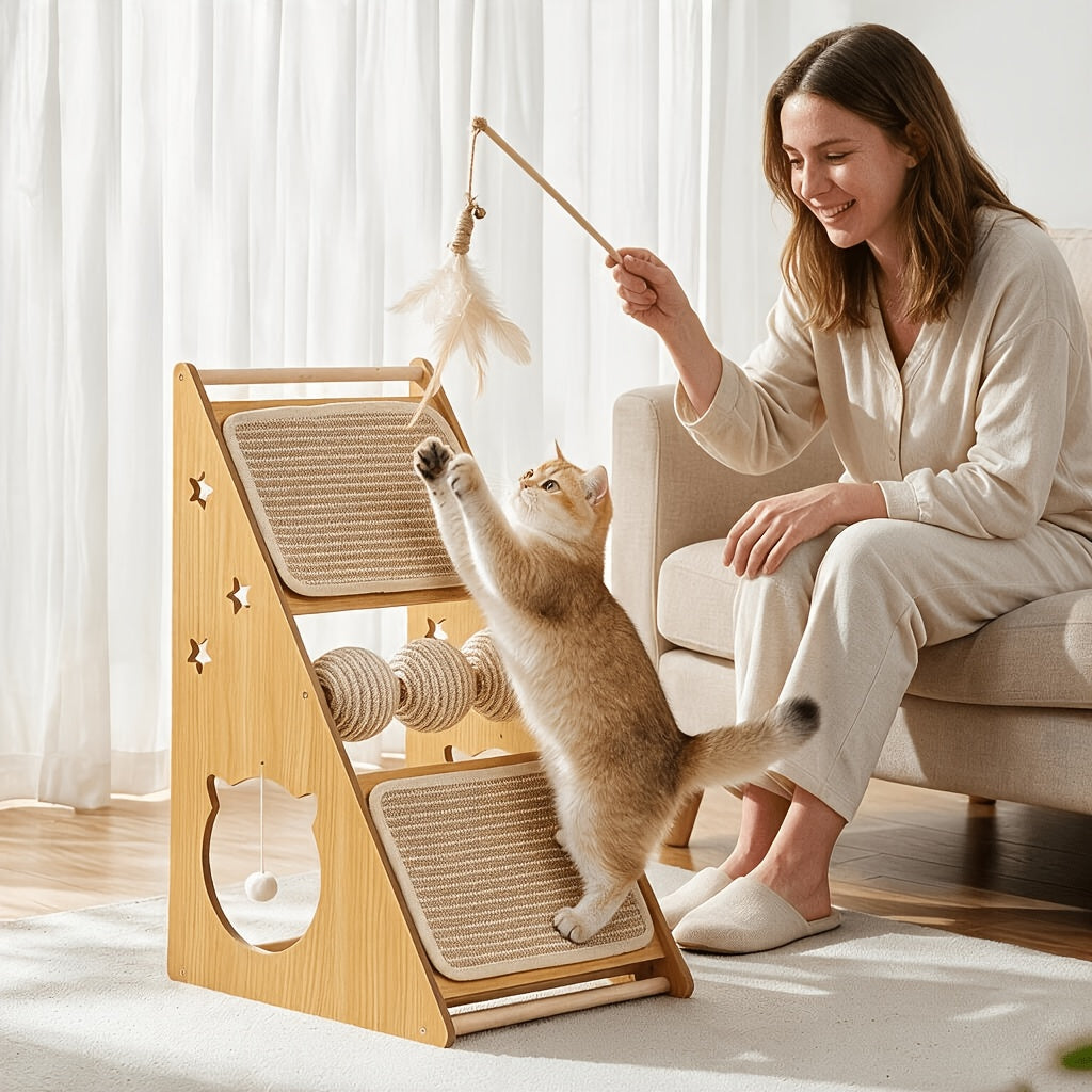 Vertical Cat Scratcher with Nest and 3 Sisal Balls, Wall-Mounting Cat Scratching Board for Indoor Cats, Style B Furniture for Rest and Play